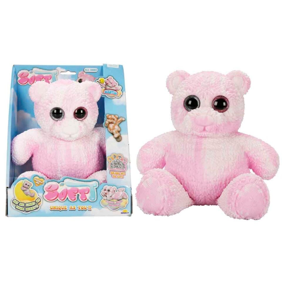 SoftT Karanlıkta Parlayan Deluxe Yumuşak Ayıcık - Kahverengi-Beyaz - MOR - PEMBE